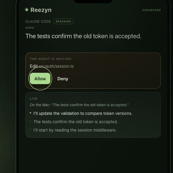 The Reezyn remote page on a phone, showing the agent waiting to edit src/auth/session.ts, with Allow and Deny.